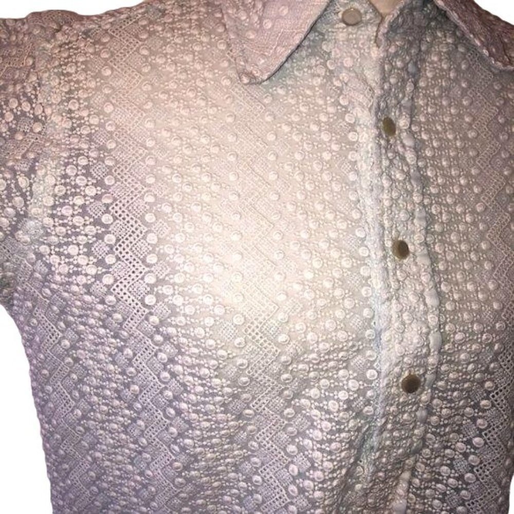 Textured Top Womens Vintage Handmade Light Blue Short Sleeve Button Front - Picture 4 of 12